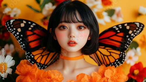 Vibrant Portrait of Young Woman with Butterfly Wings Surrounded by Flowers