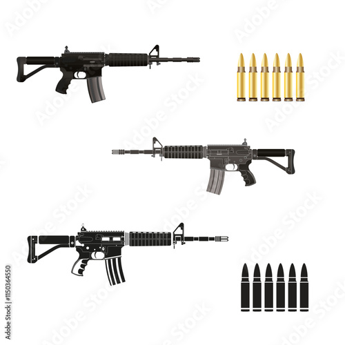Collection of Modern Rifles and Ammunition Illustrations on White Background