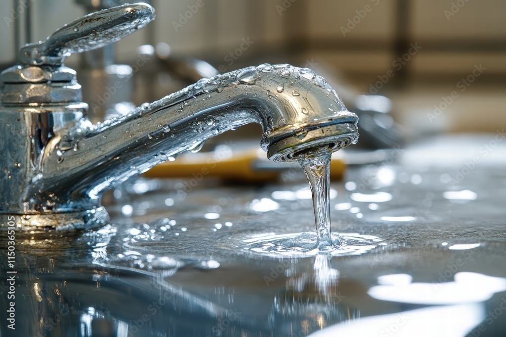 broken bathroom faucet, water dripping slowly from the spout, surrounded by an array of repair tools like wrenches and pliers
