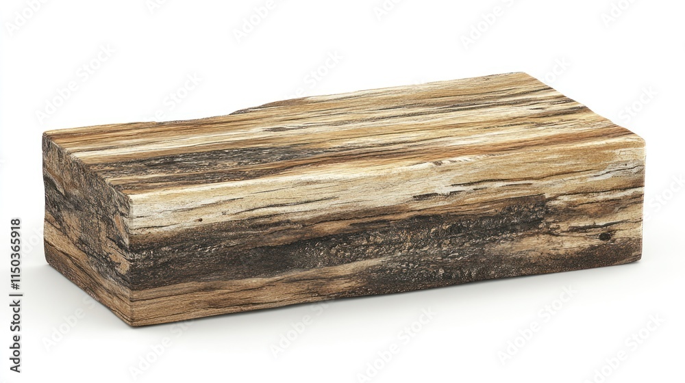 Fototapeta premium Raw, rectangular petrified wood block isolated on white background.