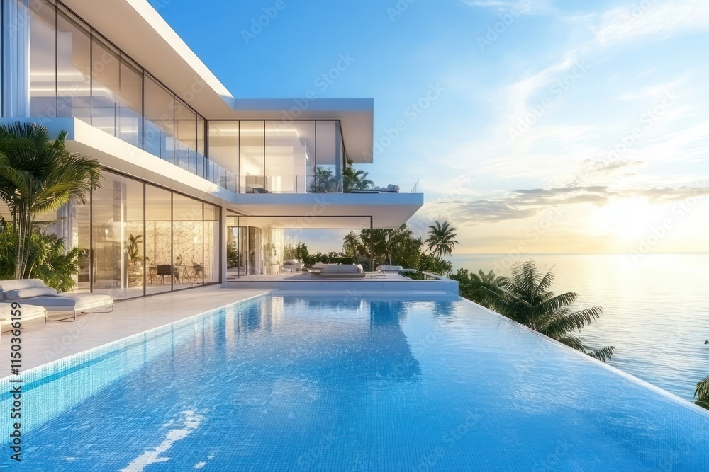 Fototapeta premium Sleek modern villa with an infinity pool overlooking a serene coastal landscape and open sky