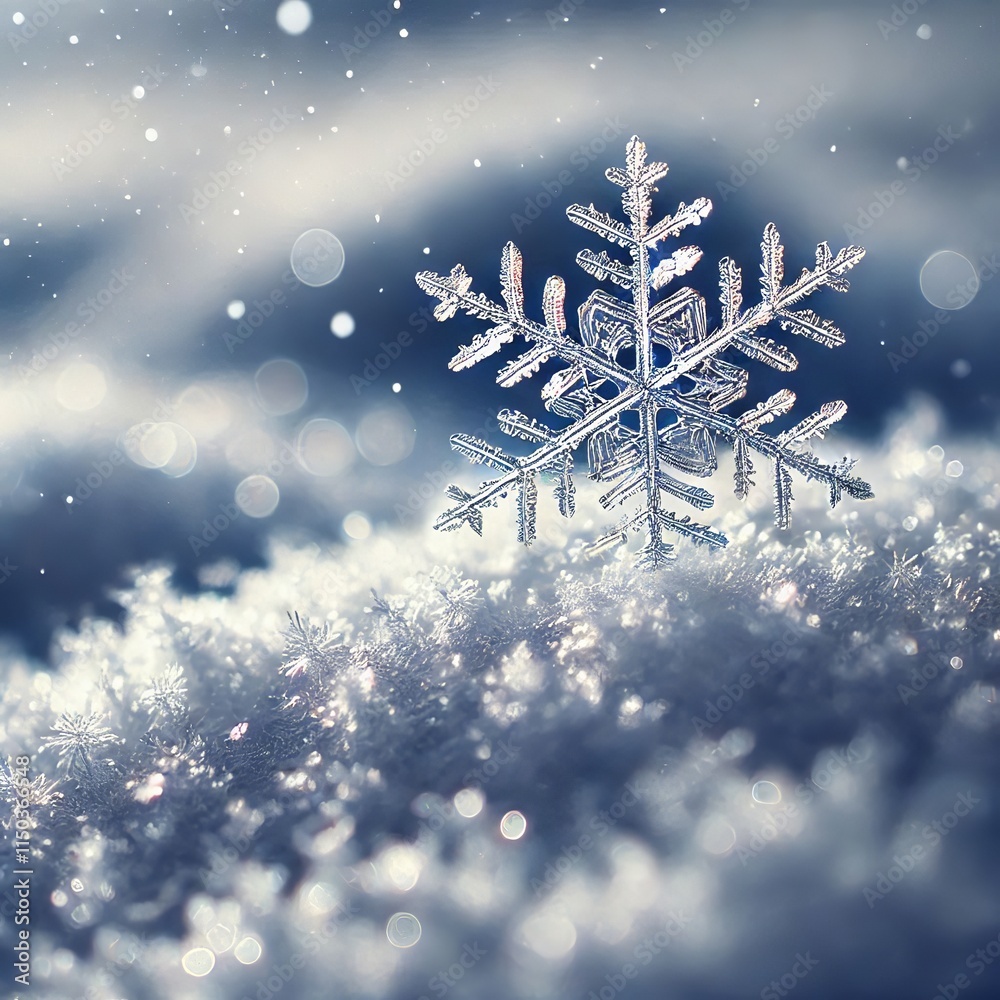 Close-Up of Snowflake on Natural Snowdrift - Winter and Christmas Background. Created with generative AI technology Close-Up of Snowflake on Natural Snowdrift - Winter and Christmas Background. Created with generative AI technology
