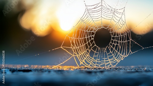 A spider web with water droplets on it at sunset