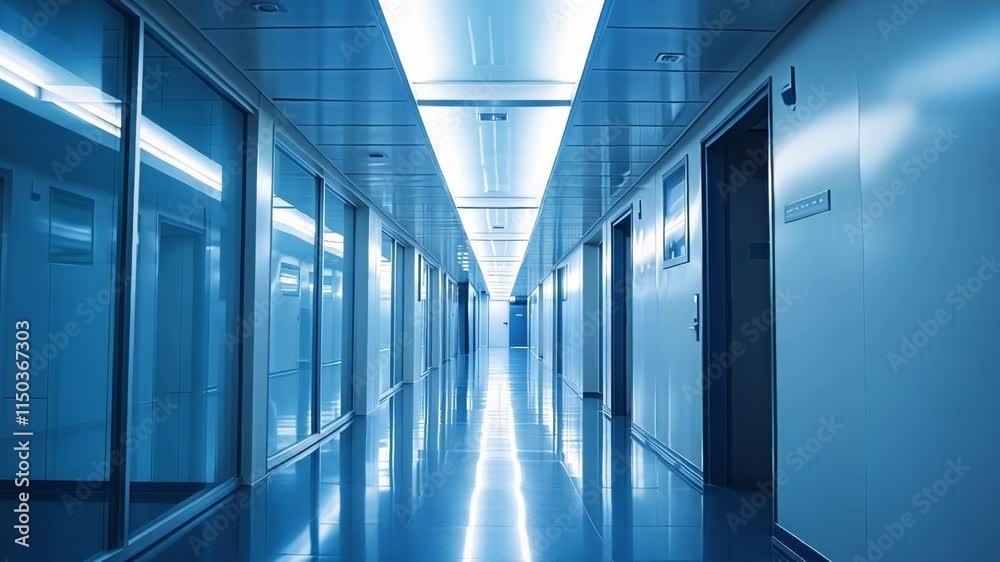 Modern office corridor featuring transparent glass walls and doors, revealing pristine professional workspace with minimalist architectural design and contemporary atmosphere