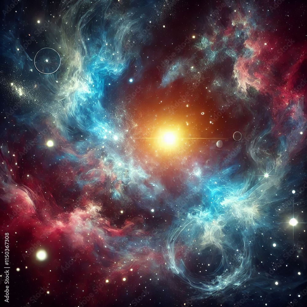 Fototapeta premium Cosmic Illustration of Supernova Nebula and Stars - Glowing Mysterious Universe Background. Created with generative AI technology