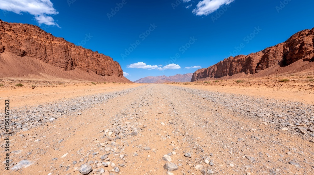 Fototapeta premium A dirt road in the middle of a desert with mountains in the background