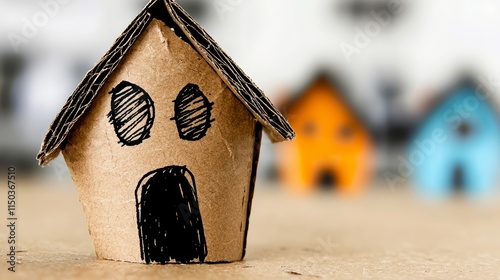 A cardboard house with a sad face drawn on it