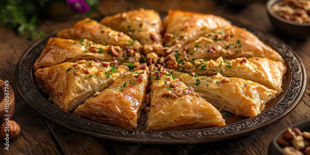 Sliced baklava arranged on decorative platter garnished with nuts and herbs. Golden layers of flaky pastry reflect traditional dessert artistry and Mediterranean culinary richness. Sliced baklava arranged on decorative platter garnished with nuts and herbs. Golden layers of flaky pastry reflect traditional dessert artistry and Mediterranean culinary richness.