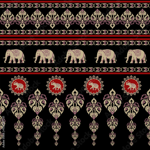 elephants pattern, mandala
Beautiful Thailand,thai pattern,seamless,Traditional,ethnic,fabric pattern for textiles,rugs, wallpaper,clothing, sarong,batik,wrap,embroidery,print,background,cover, illust