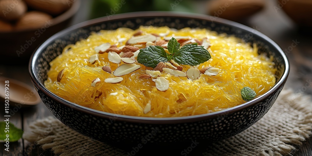 Balaleet served as a sweet dessert variation, with golden vermicelli noodles topped with a light sugar syrup and cardamom aroma, garnished with slivered almonds. Balaleet served as a sweet dessert variation, with golden vermicelli noodles topped with a light sugar syrup and cardamom aroma, garnished with slivered almonds.