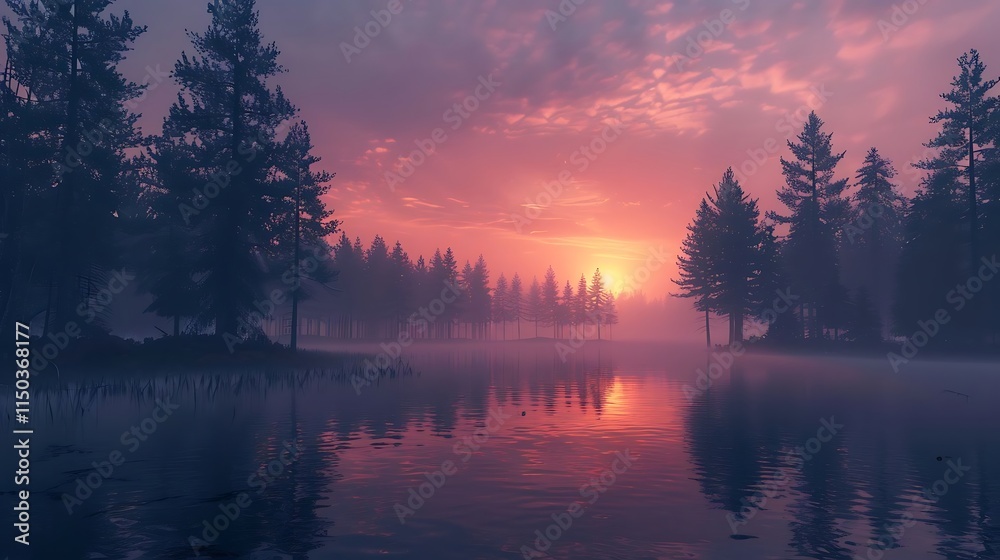 Fototapeta premium Silhouetted evergreen trees frame a tranquil lake surface reflecting a fiery red and pink twilight.