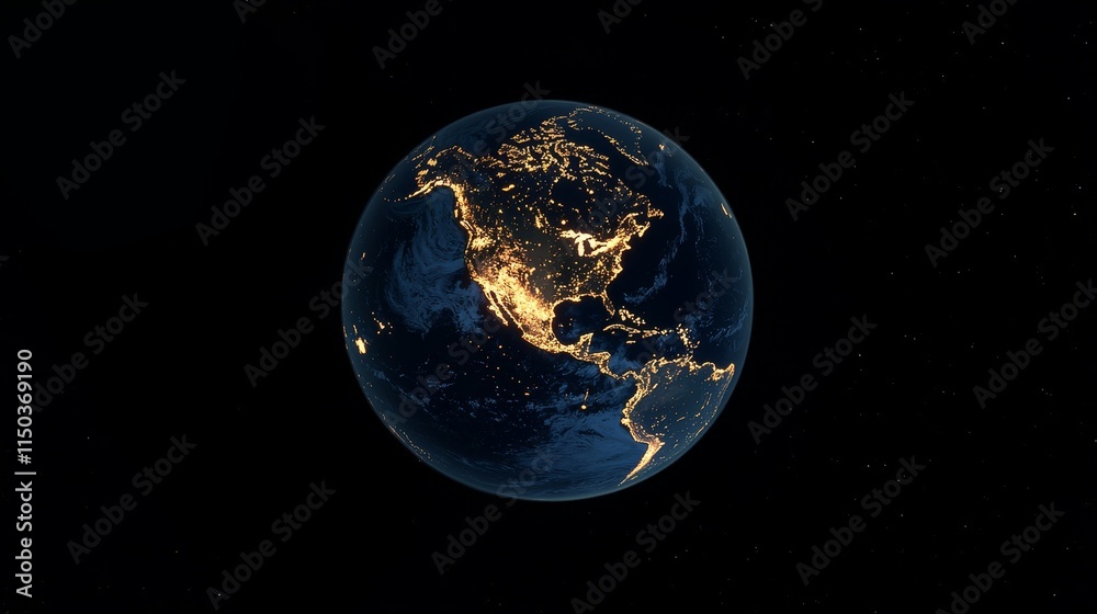 Fototapeta premium View of Earth Illuminated by City Lights at Night Showcasing North America From Space With Striking Details of the Landscape and Coastline