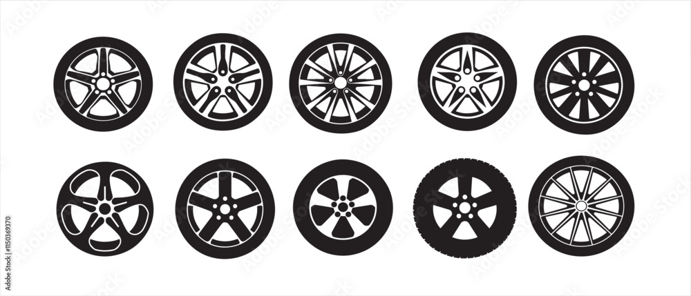 Car wheel set hand drawn illustration on white background. Car wheel icons, set auto tire, wheel tires and discs, car wheel silhouettes collection - vector Car wheel set hand drawn illustration on white background. Car wheel icons, set auto tire, wheel tires and discs, car wheel silhouettes collection - vector