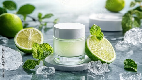 Wallpaper Mural Refreshing cream container with lime, mint, and ice on a reflective surface. Torontodigital.ca