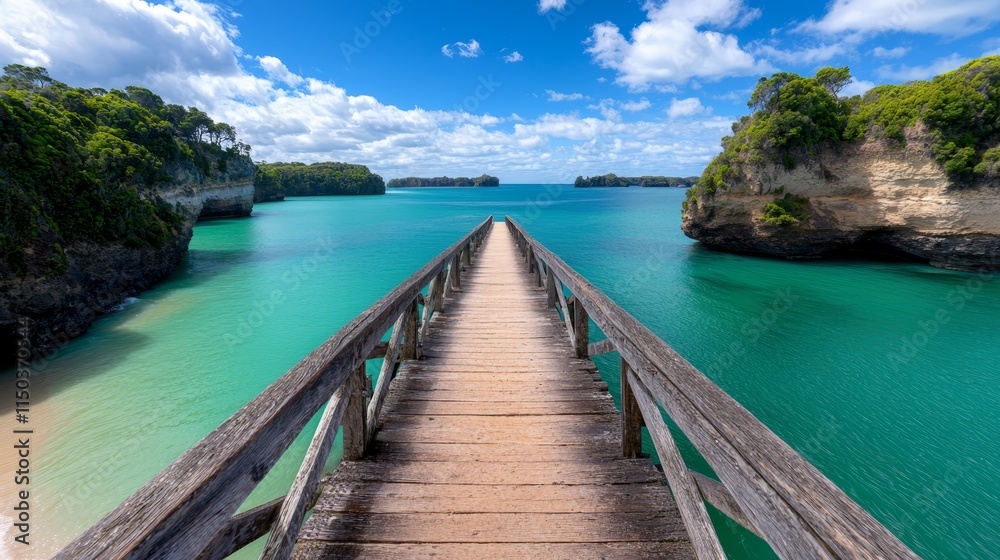 Obraz premium A wooden bridge over a body of water next to a beach