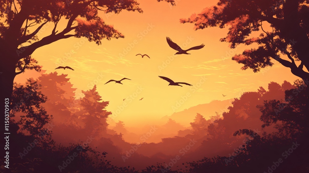Fototapeta premium Serene Sunset with Silhouetted Birds Flying Over a Tranquil Forest Landscape