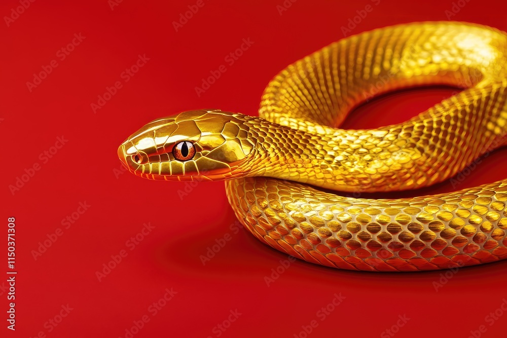 A Golden Snake Coiled on a Red Background A Golden Snake Coiled on a Red Background
