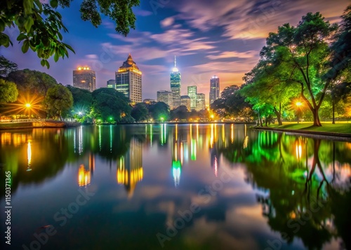 Lumphini Park Bangkok Thailand: Long Exposure Night Photography, City Lights, Scenic Lake photo