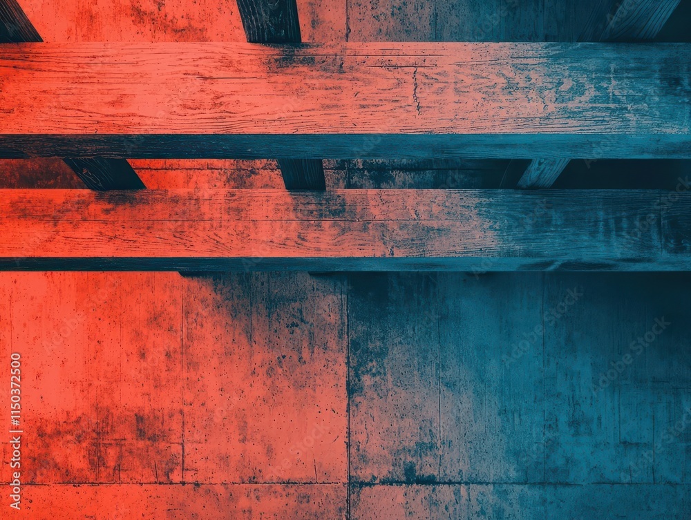 Fototapeta premium Overlaid blueprint and house foundation under construction, exposed wooden beams, concept of home design