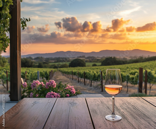 Romantische Weinszene mit Blick auf Weinberge bei Sonnenuntergang

