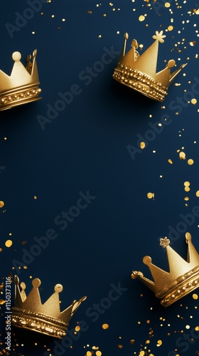 Epiphany Day or Dia de Reyes Magos concept. The gold crowns on blue bokeh background with star sparkling confetti. Copy space, free space for text
