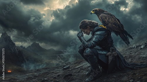 A valiant female knight, clad in dark armor, kneeling on the battlefield with an eagle perched on her arm, background wallpaper AI generated image