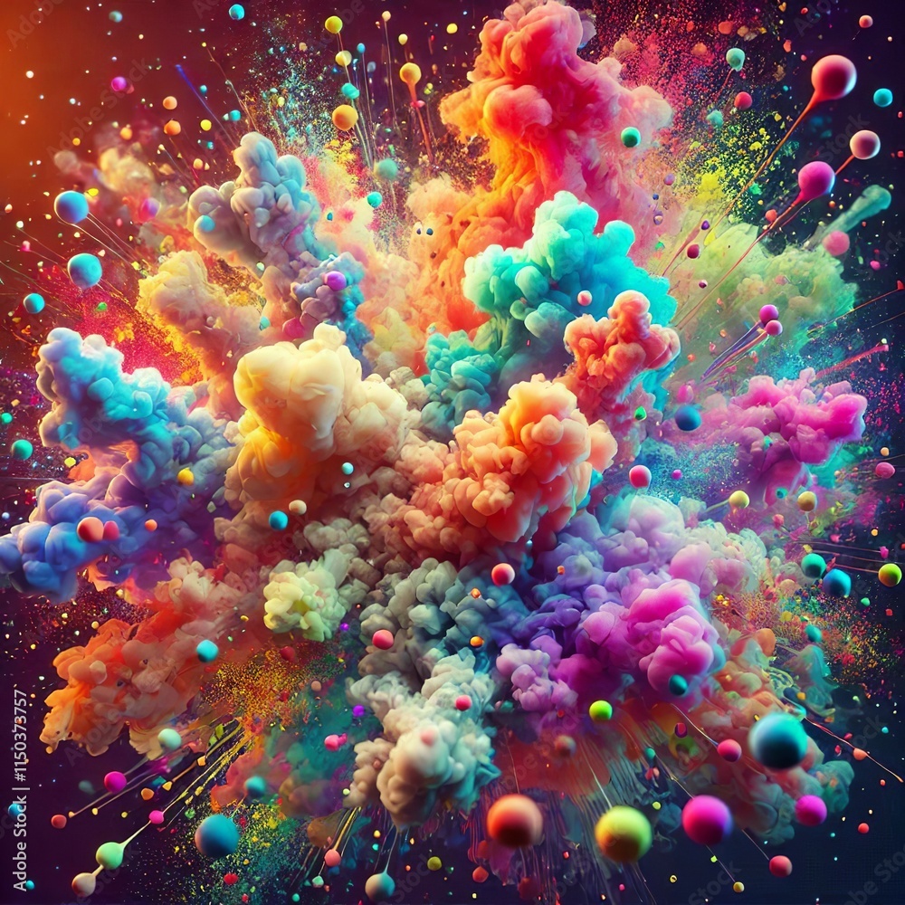 Multicolored smoke and ink clouds, resembling a Holi paint burst. Abstract pastel light explosion, 3D rendered background. Created with generative AI technology Multicolored smoke and ink clouds, resembling a Holi paint burst. Abstract pastel light explosion, 3D rendered background. Created with generative AI technology