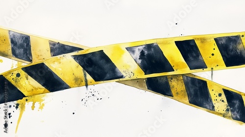 Watercolor art, black and yellow caution tape, white background