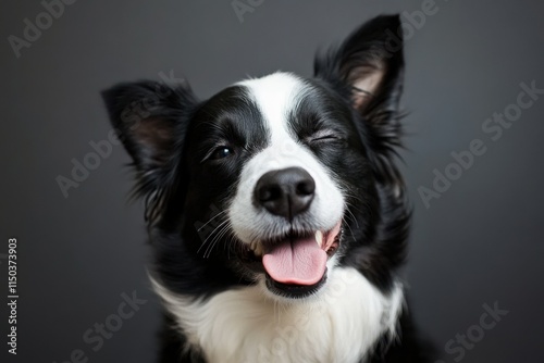 Smiling border collie with a playful winking expression and tongue out, featuring black and white fur, against a simple dark grey background, highlighting its joyful and friendly nature