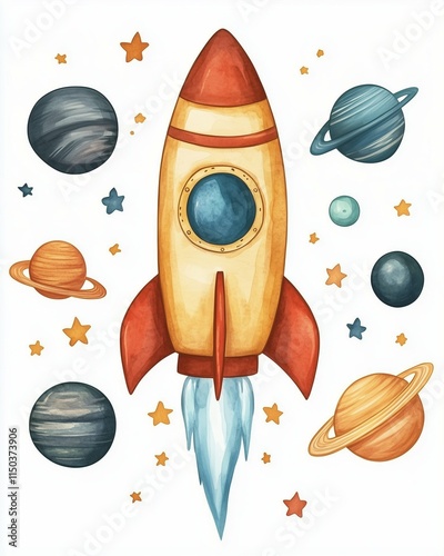 Watercolour illustration, rocket, variety planets, isolated white background