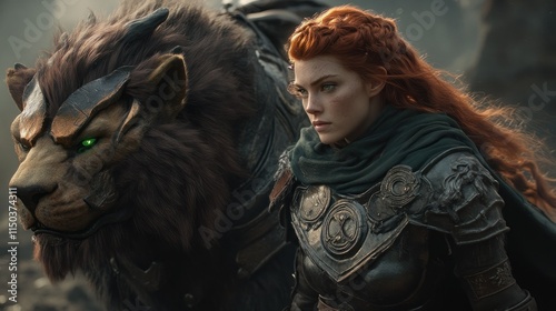 A red-haired warrior woman wearing armor accompanied by a lion monster beast. background wallpaper AI generated image photo