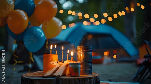 Camping-themed birthday with camping gear balloons, candles in tin holders and a campfire-inspired bokeh photo