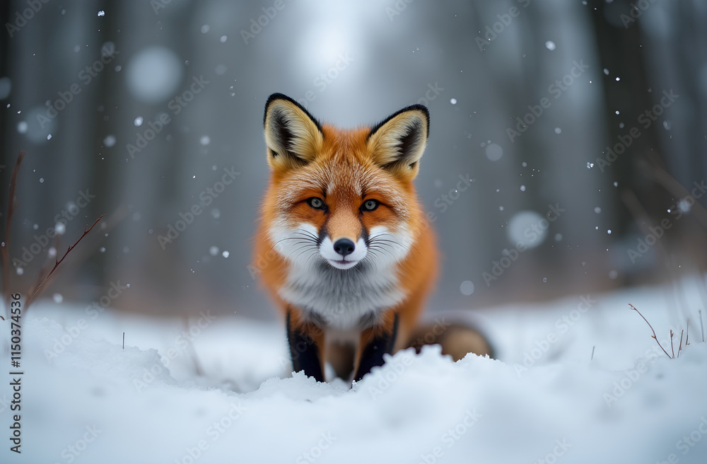 Fototapeta premium Curious Fox in a Snowy Forest with Falling Snowflakes
