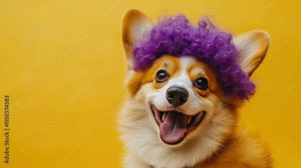 Smiling corgi wearing a fluffy purple wig, standing against a bright yellow background, with a joyful and playful expression, exuding fun and cheerful vibes Smiling corgi wearing a fluffy purple wig, standing against a bright yellow background, with a joyful and playful expression, exuding fun and cheerful vibes