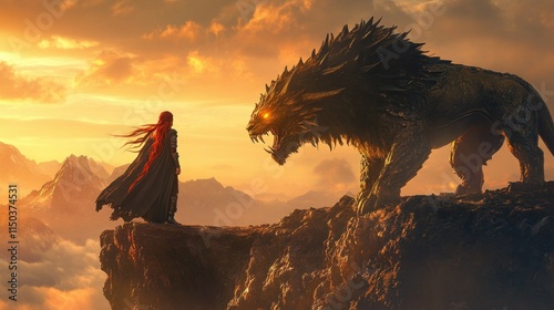 A warrior woman with red hair under her hood, standing on the edge of a cliff at sunrise accompanied by, a lion creature, background wallpaper AI generated image photo