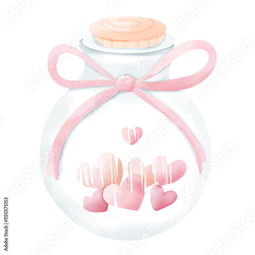 Watercolor Pink Hearts in Round Glass Jar with Ribbon