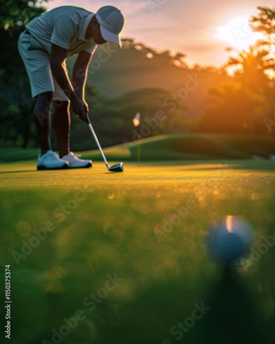 Golfer putting on a green at sunset.