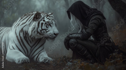 A female assassin knight, wearing dark armor and a hooded cloak, stands silently in a misty forest. Accompanied by a white tiger, background wallpaper AI generated image