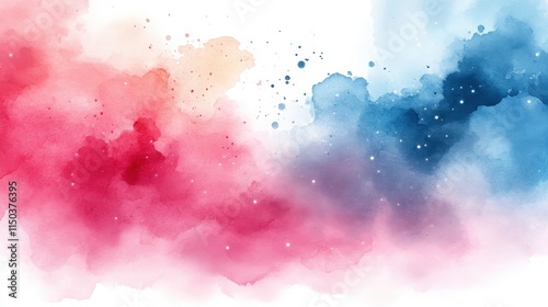 Abstract watercolor painting with red, pink, and blue hues, featuring a blend of colors and splatters.