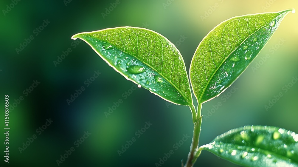 A close up of a green leaf with water droplets on it A close up of a green leaf with water droplets on it