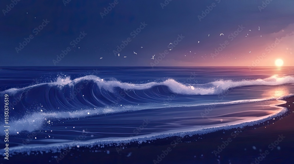 Fototapeta premium Serene Sunset Ocean Waves, Digital Painting of Tranquil Coastal Scene with Birds in Flight