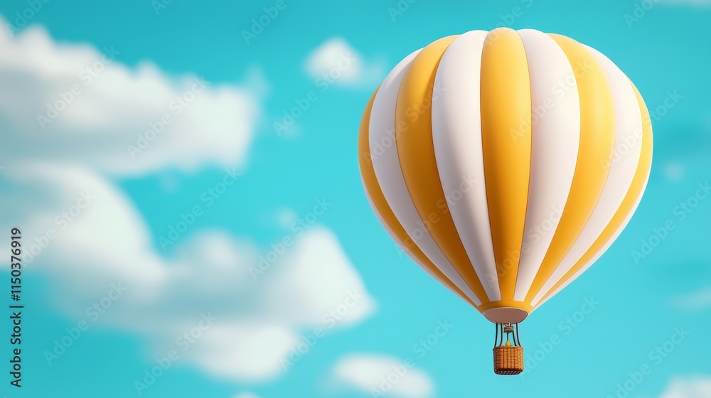 Naklejka premium A yellow and white hot air balloon flying in the sky