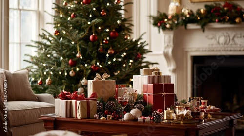 Cozy Christmas Scene with Pine Tree and Festive Gift Centerpiece