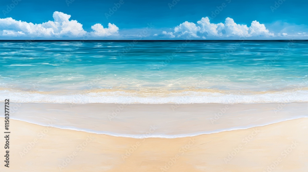 Fototapeta premium A painting of a beach scene with a blue sky and white clouds