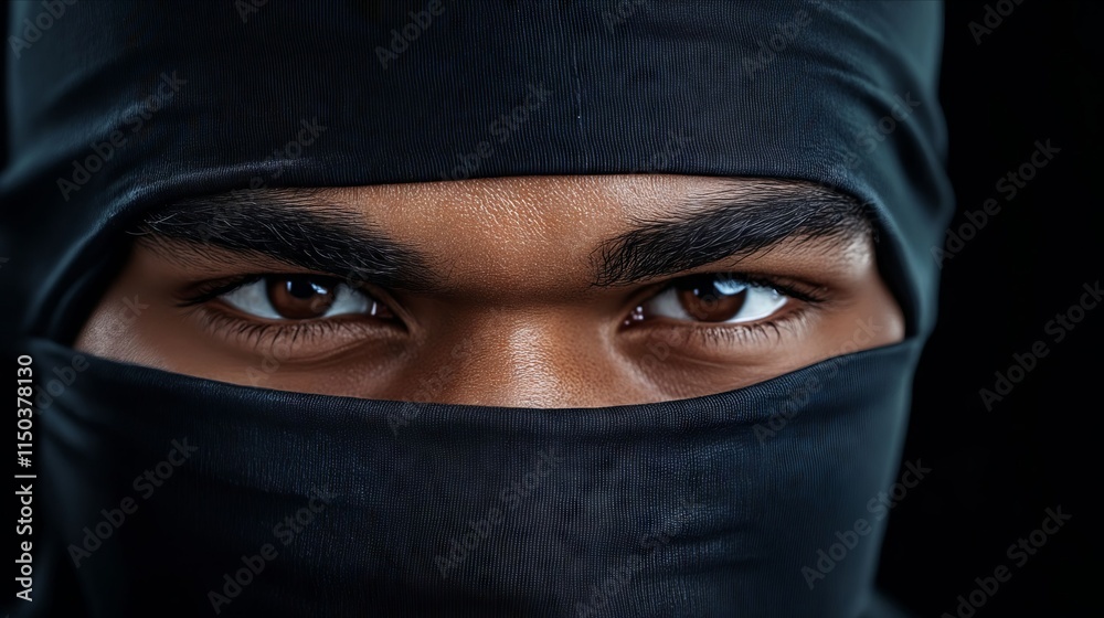 A close up of a man wearing a black ninja mask A close up of a man wearing a black ninja mask