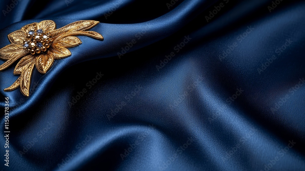 A close up of a gold flower on a blue fabric