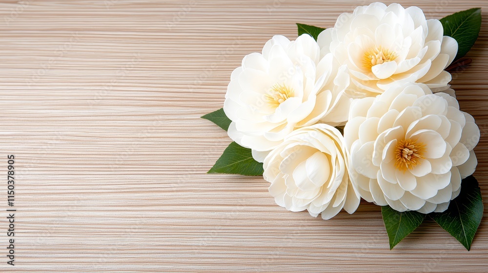 A bunch of white flowers sitting on top of a wooden table A bunch of white flowers sitting on top of a wooden table