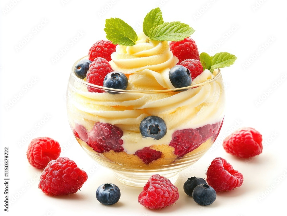 A delicious dessert featuring layers of cream, berries, and cake in a clear glass bowl. A delicious dessert featuring layers of cream, berries, and cake in a clear glass bowl.