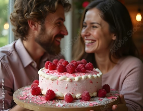 Valentine’s Day special lovers feeding each other chocolate fudge cake.