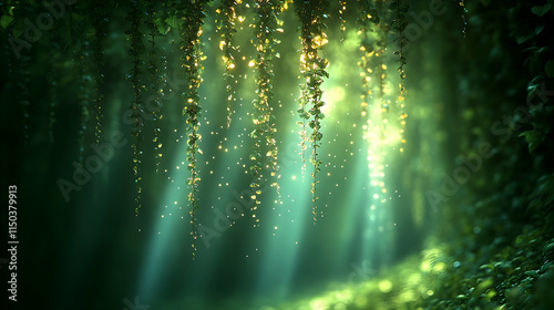 Magical forest scene with sunlit vines and foliage.